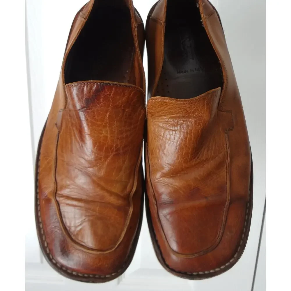 Vintage J Crew Brown Leather Dress Shoes Loafer Square Toe Worn Mens 10.5 ITALY